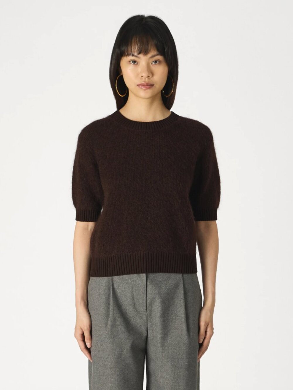 NWT Samsøe Samsoe Jeanne Short Sleeve Sweater 14945 Chocolate Torte Brown Medium